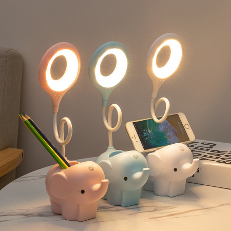 Veioza LED Elefant, Flexibila, Reincarcabila, senzor tactil, 3 nivele luminozitate, cu suport de pixuri si telefon, pentru copii, USB,  Alba [2]
