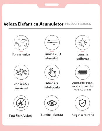 Veioza LED Elefant, Flexibila, Reincarcabila, senzor tactil, 3 nivele luminozitate, cu suport de pixuri si telefon, pentru copii, USB, Albastra [1]