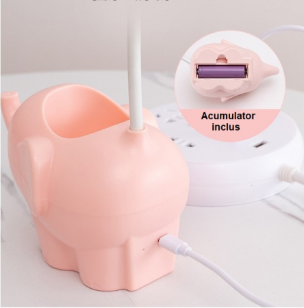 Veioza LED Elefant, Flexibila, Reincarcabila, senzor tactil, 3 nivele luminozitate, cu suport de pixuri si telefon, pentru copii, USB, Albastra [3]
