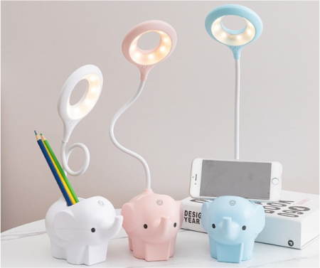 Veioza LED Elefant, Flexibila, Reincarcabila, senzor tactil, 3 nivele luminozitate, cu suport de pixuri si telefon, pentru copii, USB, Albastra [4]