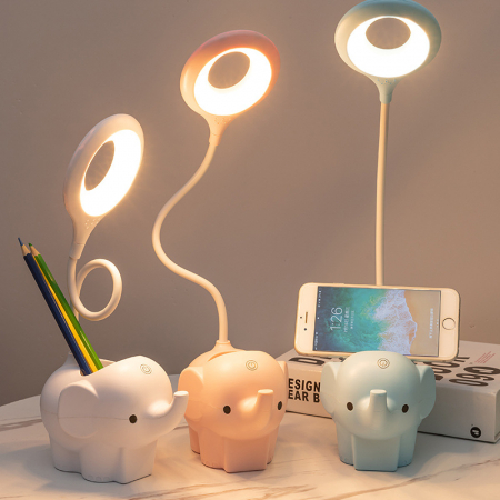 Veioza LED Elefant, Flexibila, Reincarcabila, senzor tactil, 3 nivele luminozitate, cu suport de pixuri si telefon, pentru copii, USB, Albastra [6]
