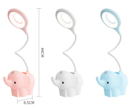 Veioza LED Elefant Copii, Flexibila, Reincarcabila, senzor tactil, 3 nivele luminozitate, cu suport de pixuri si telefon, pentru copii, USB, Roz [8]