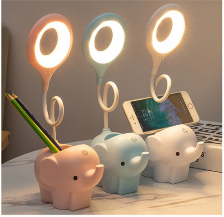 Veioza LED Elefant Copii, Flexibila, Reincarcabila, senzor tactil, 3 nivele luminozitate, cu suport de pixuri si telefon, pentru copii, USB, Roz [6]