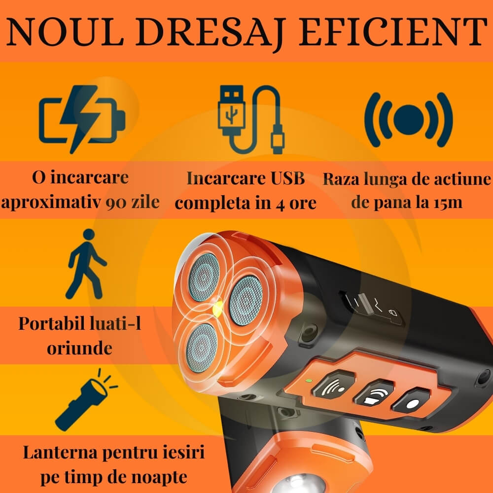 Aparat Profesional Antilatrat cu Ultrasunete si Lanterna, 15m Impotriva Latratului si a Cainilor Agresivi cu Functie de Dresaj AntiLatrat, USB [11]