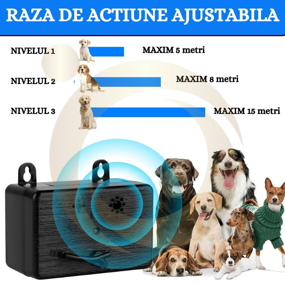 Cutie anti-latrat cu ultrasunete, Aparat de control al latratului cainilor cu 3 niveluri reglabile, 15m, cu utilizare in aer liber si interior [8]