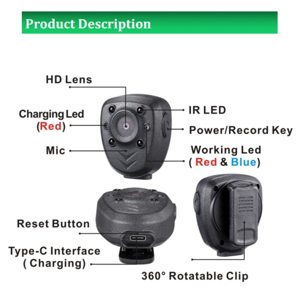 Mini Camera de Corp video Portabila 1080P, Night Vision, Infrarosu [10]