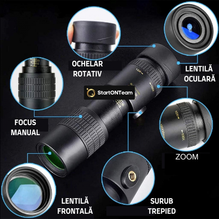 Monoclu Profesional Tip Telescop 4K 10-300X40 cu Prisma BaK-4, Dual Focus, Suport Smartphone și Trepied [4]