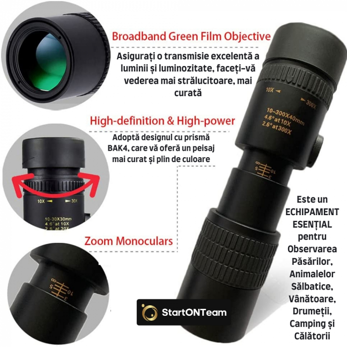 Monoclu Profesional Tip Telescop 4K 10-300X40 cu Prisma BaK-4, Dual Focus, Suport Smartphone și Trepied [12]