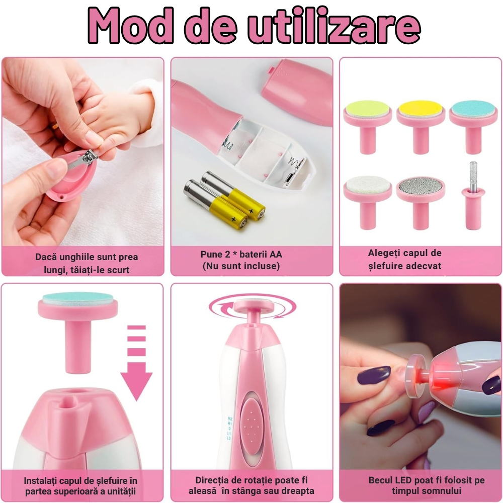 Pila Electrica de Unghii pentru Bebelusi si Copii Mici, Set cu 6 Capete, Iluminare LED [2]