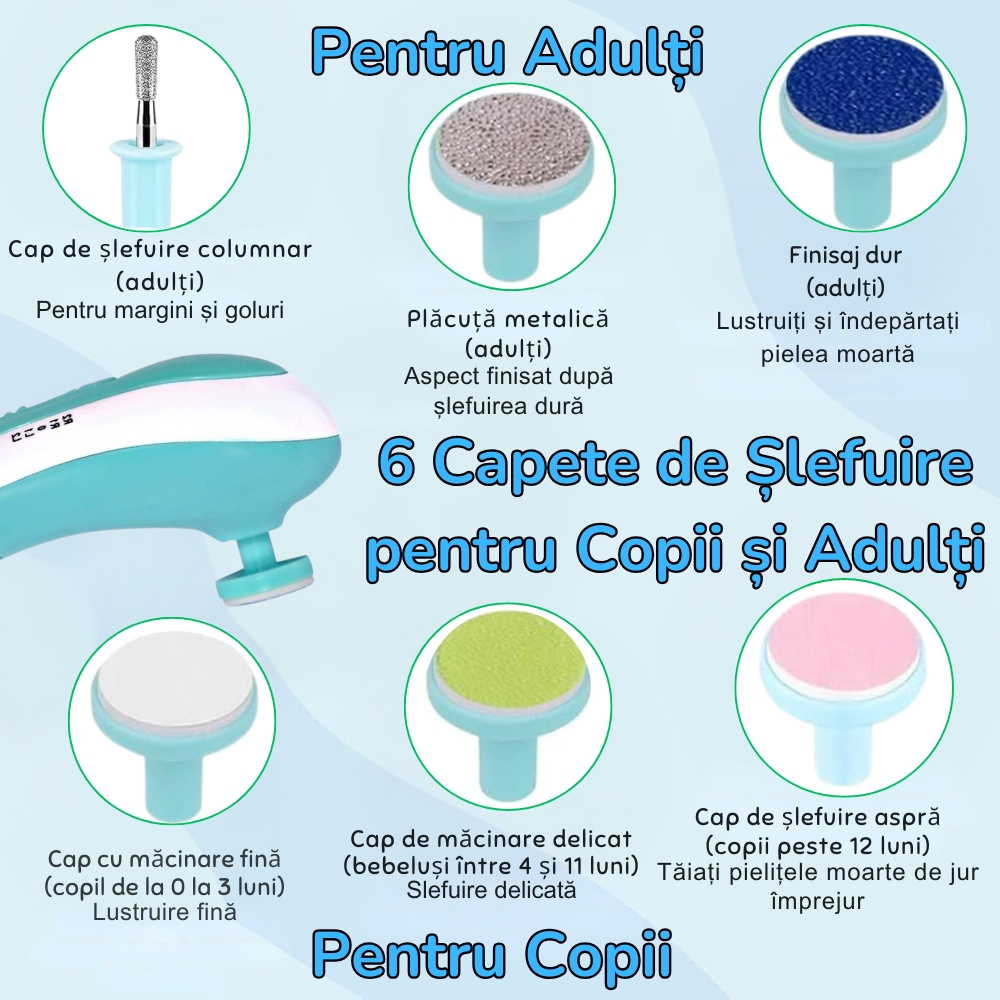 Pila Electrica de Unghii pentru Bebelusi si Copii Mici, Set cu 6 Capete, Iluminare LED [5]