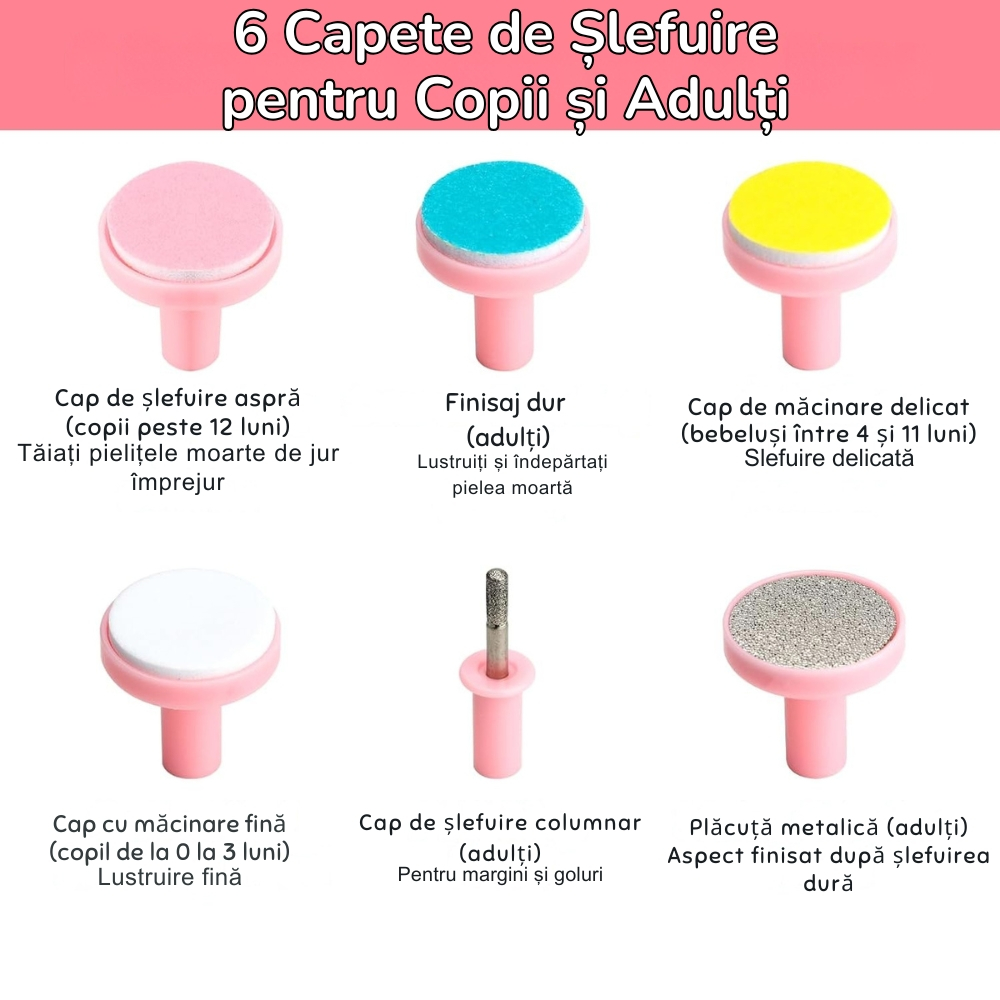 Pila Electrica de Unghii pentru Bebelusi si Copii Mici, Set cu 6 Capete, Iluminare LED [4]