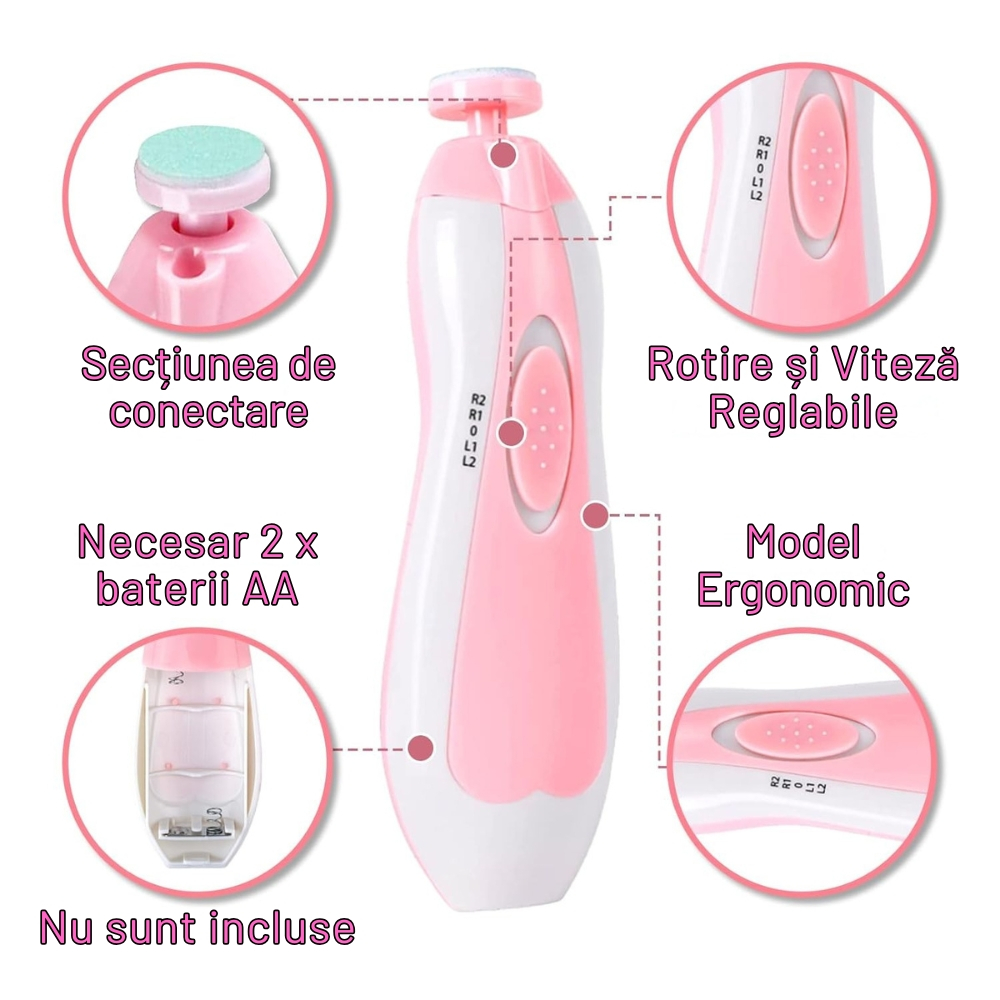 Pila Electrica de Unghii pentru Bebelusi si Copii Mici, Set cu 6 Capete, Iluminare LED [8]