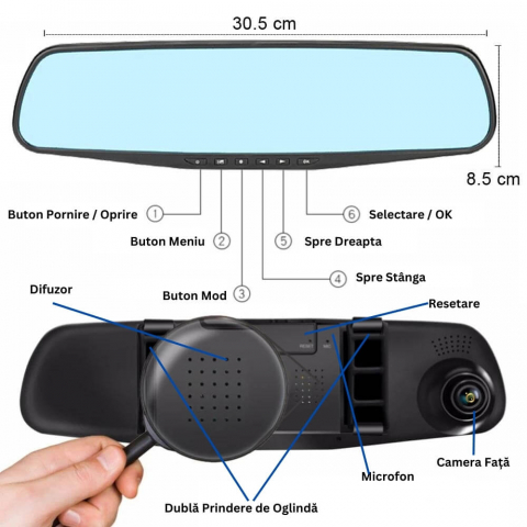 Camera dubla auto profesionala de bord, fata si spate, Oglinda Retrovizoare cu Marsarier si Senzor G de Detectare a Miscarii, Monitorizare Parcare, Night Vision, Inregistrare in bucla [17]