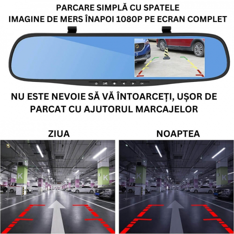 Camera dubla auto profesionala de bord, fata si spate, Oglinda Retrovizoare cu Marsarier si Senzor G de Detectare a Miscarii, Monitorizare Parcare, Night Vision, Inregistrare in bucla [9]