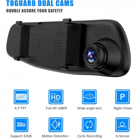 Camera dubla auto profesionala de bord, fata si spate, Oglinda Retrovizoare cu Marsarier si Senzor G de Detectare a Miscarii, Monitorizare Parcare, Night Vision, Inregistrare in bucla [13]