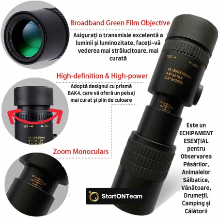 Monoclu Profesional Tip Telescop 4K 10-300X40 cu Prisma BaK-4, Dual Focus, Suport Smartphone și Trepied [11]
