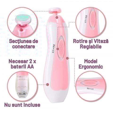 Pila Electrica de Unghii pentru Bebelusi si Copii Mici, Set cu 6 Capete, Iluminare LED [7]