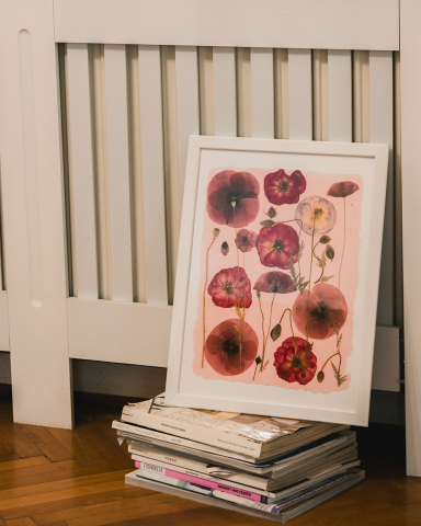 Camp cu maci - print de arta cu flori presate traditional, hartie premium, inramat, dimensiuni personalizate, cadou ideal pentru casa [3]