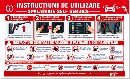 Self Wash - Panou Instrucțiuni Utilizare Spălătorie Self Service 100x60cm - Protecție Legală