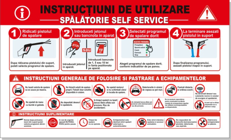 Self Wash - Panou Instrucțiuni Utilizare Spălătorie Self Service 100x60cm - Protecție Legală