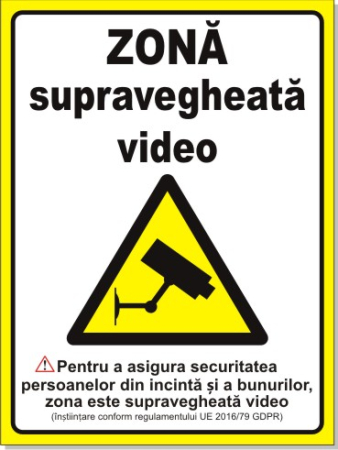 Horeca - Semn Avertizare GDPR - Zonă Supravegheată Video (20x15cm)