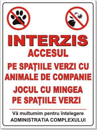 Semn Spațiu Verde Interzis Animale și Jocuri cu Mingea 50x50cm - Panou PVC Rigid 3mm