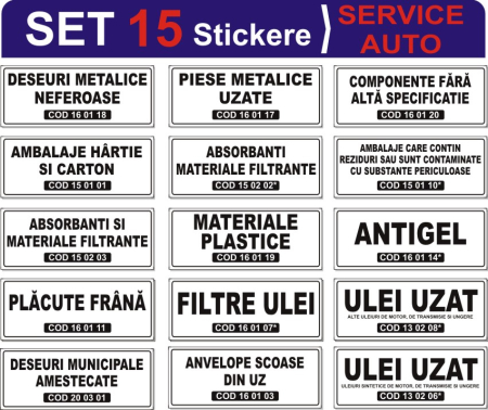 Service auto - Set 15 Stickere Colectare Selectivă - Service Auto și Ateliere (25x10cm)