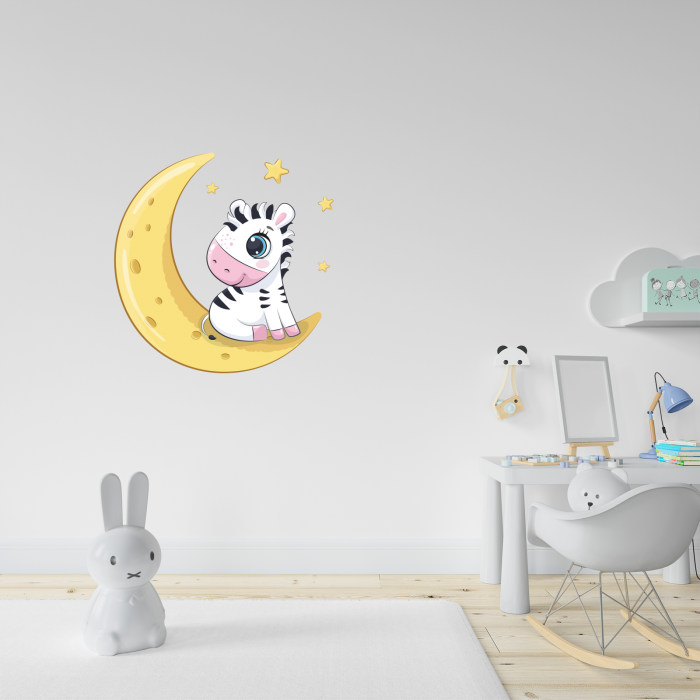 Sticker decorativ perete, camera copii, living, PVC, Baby Zebra On Moon, 45 x 45 cm [2]