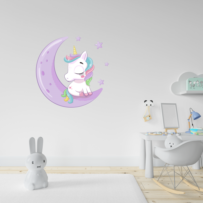 Sticker decorativ perete, camera copii, living, PVC, Baby Unicorn On Moon, 46 x 45 cm [2]