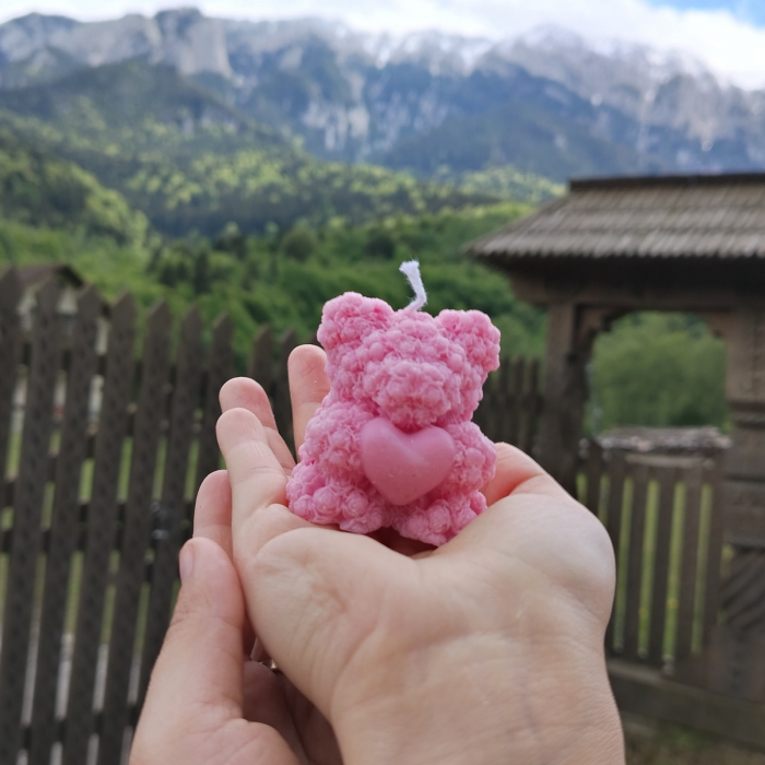 lumânare ursuleț trandafiri inimă – cadou și mărturie botez handmade ceară naturală [5]