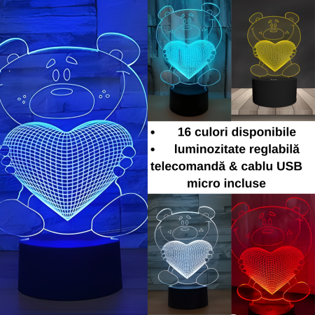 Lampă 3D - lampa-3d-ursulet-teddy-valentine-led
