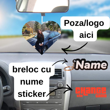 Set Cadou Auto Personalizat – Odorizant, Breloc cu Nume și Sticker