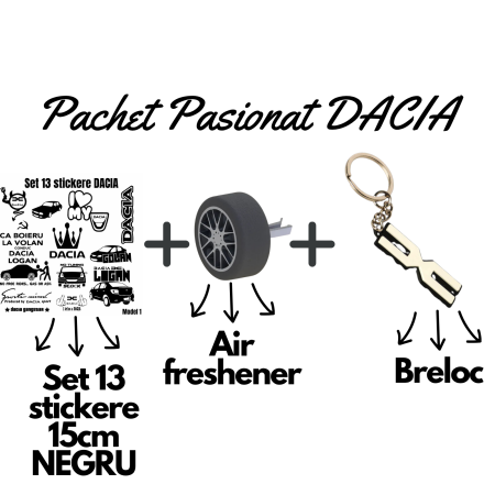 Set Cadou Pasionați Dacia – 13 Stickere Personalizate, Breloc 3D și Air Freshener Roată 3D