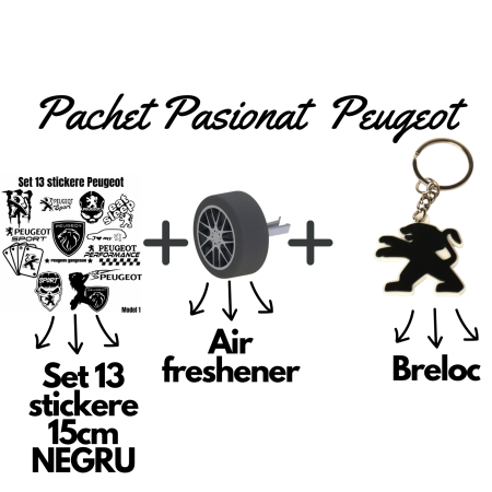 Cadouri pentru Șoferi - set-pasionati-peugeot-stickere-breloc-air-freshener-roata-3d.webp
