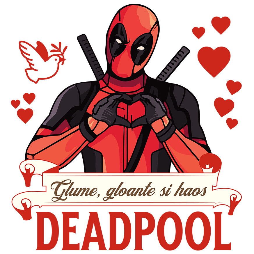 Sticker Personalizat - Sticker Cu Deadpool emana iubire si inimi rosii Adeziv, Vinyl,  cu Margini Albe, PVC Vinyl