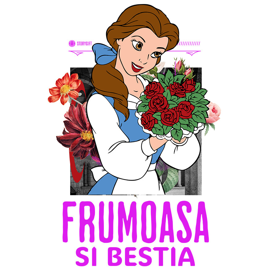 Sticker Personalizat - Sticker Cu Frumoasa si Bestia - Un dar de Flori pentru Bella Adeziv, Vinyl,  cu Margini Albe, PVC Vinyl 