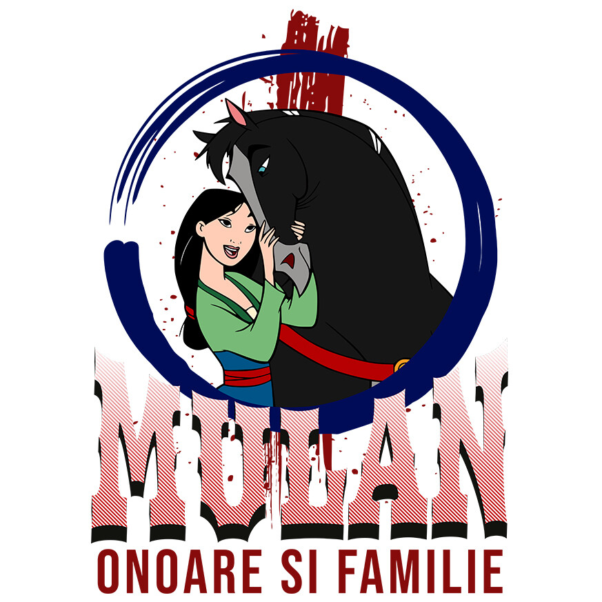 Desene Animate - Sticker Cu Mulan cu calul - Curaj pe doua picioare si patru copite Adeziv, Vinyl,  cu Margini Albe, PVC Vinyl