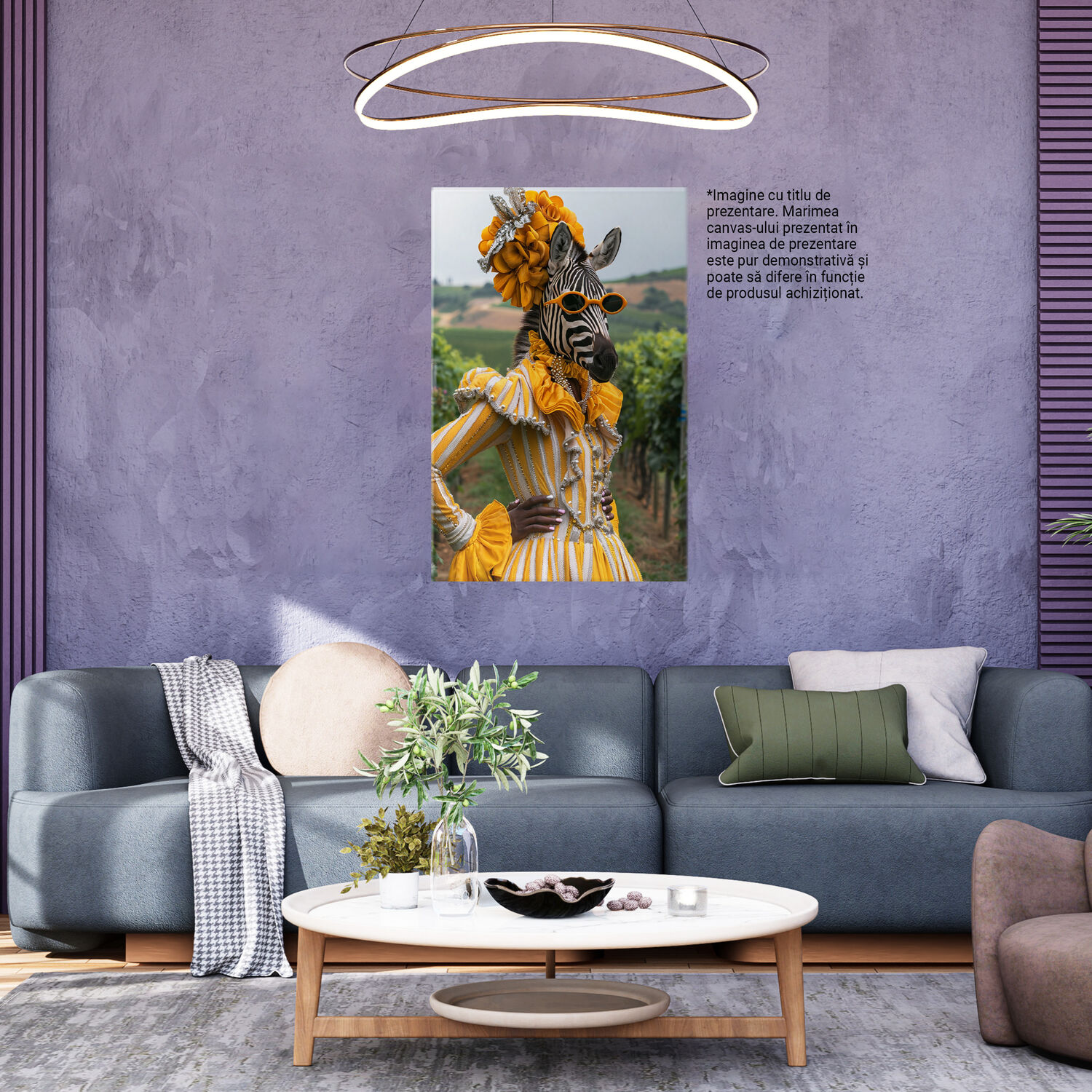 Tablou Canvas Zebra cu Dungi Galbene și Perle pe Fundal de Viță de Vie, Marime 40x25CM [3]