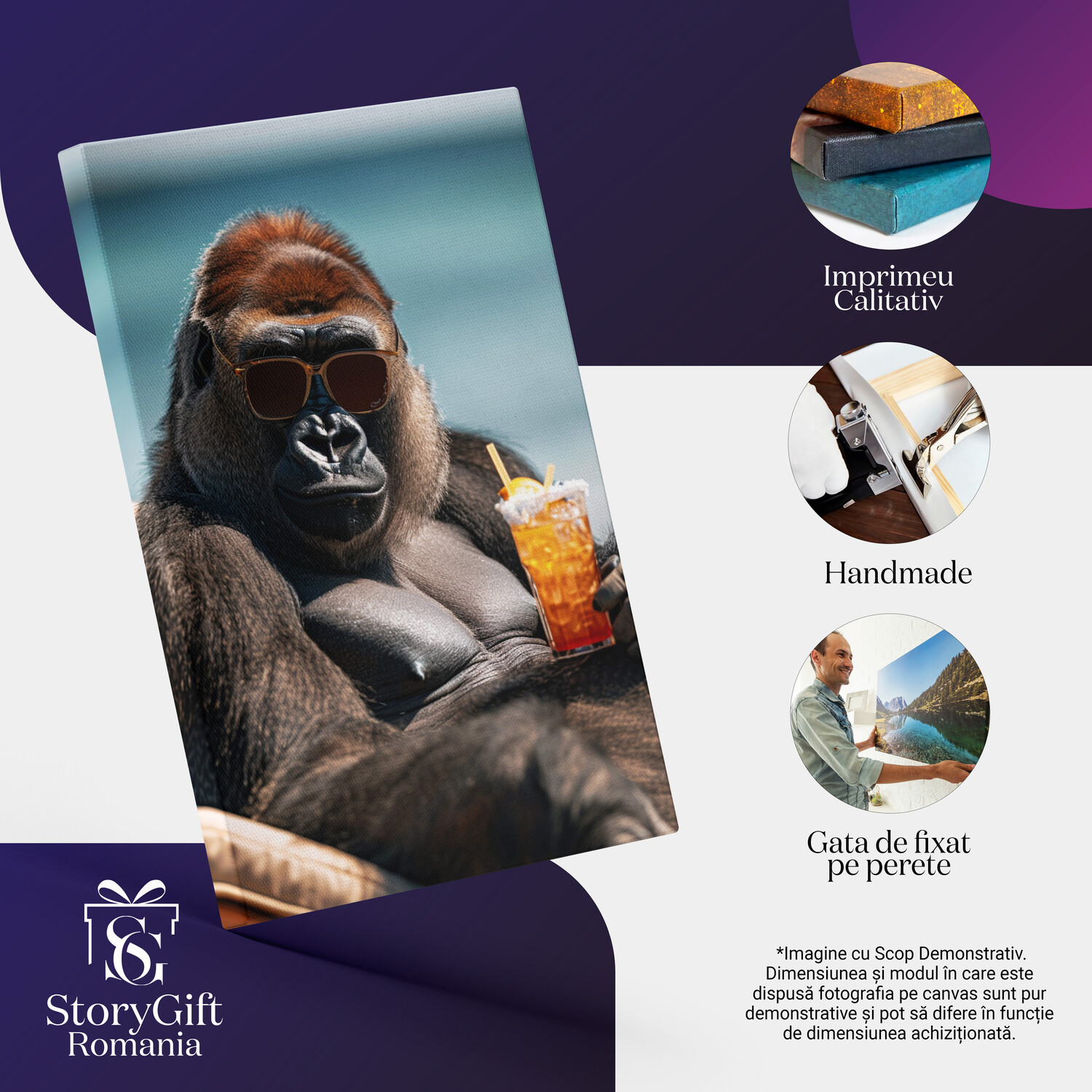 Tablou Canvas La Soare la Bronzat - Gorila cu Ochelari de Soare pe Șezlong cu Pahar de Suc, Marime 40x25CM [2]