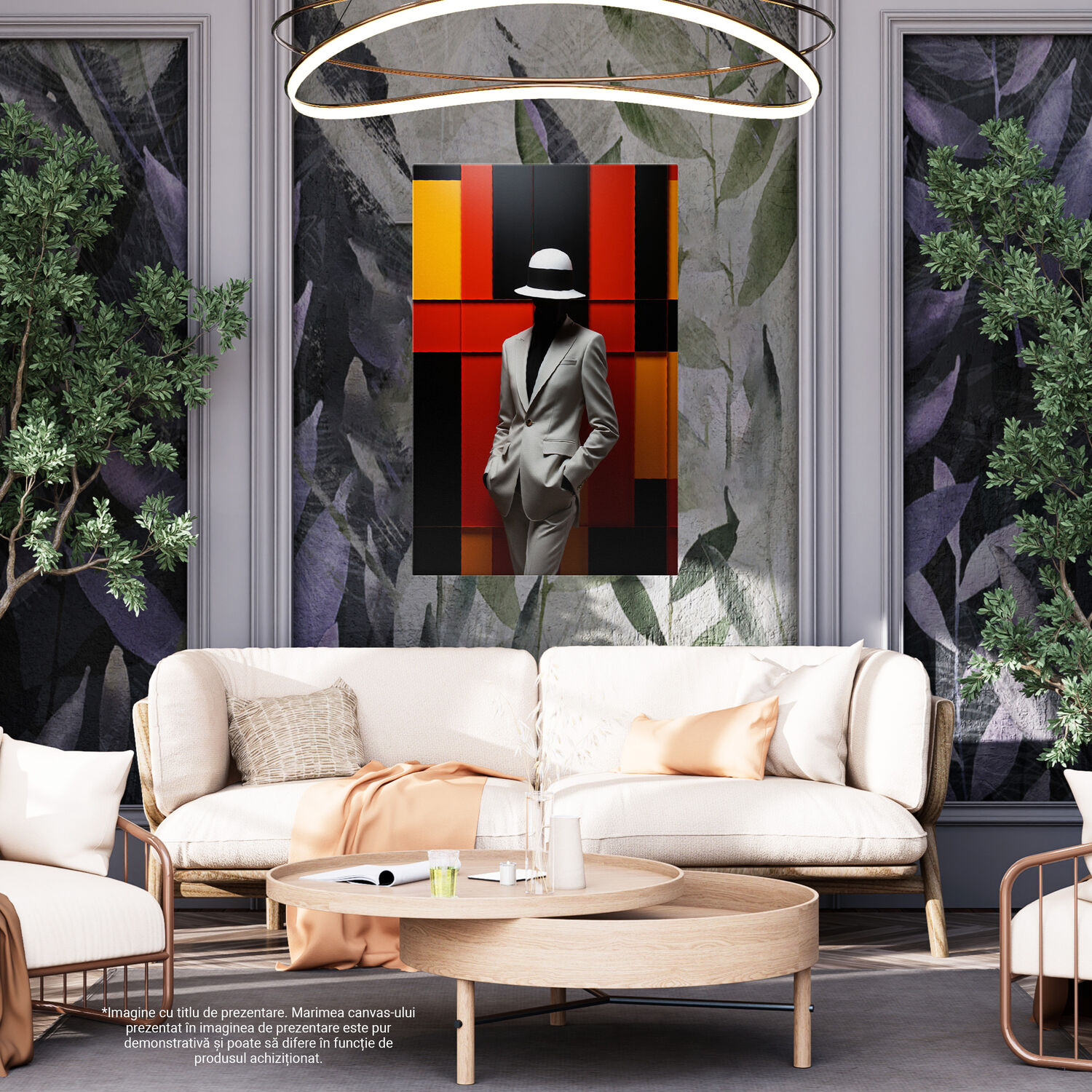 Tablou Canvas cu Portretul unui Manechin în Costum Crem și Pălărie pe Fundal Geometric, Marime 40x25CM [4]