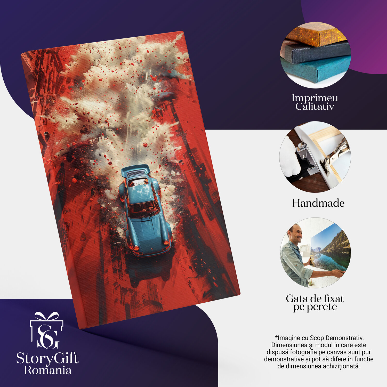 Tablou Canvas Mașină Albastră cu Viteza pe Nisip Roșu, Marime 40x25CM [2]