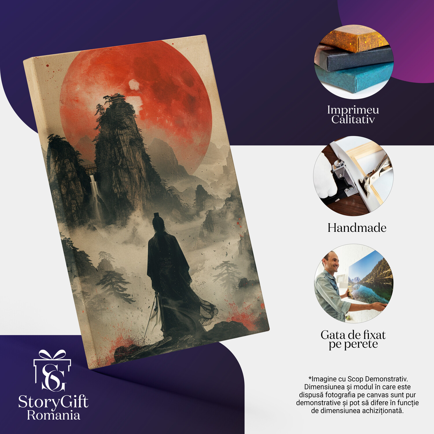 Samurai Japonez în Kimono Negru pe Munte cu Luna Roșie - Pictură Digitală, Marime 40x25CM [2]