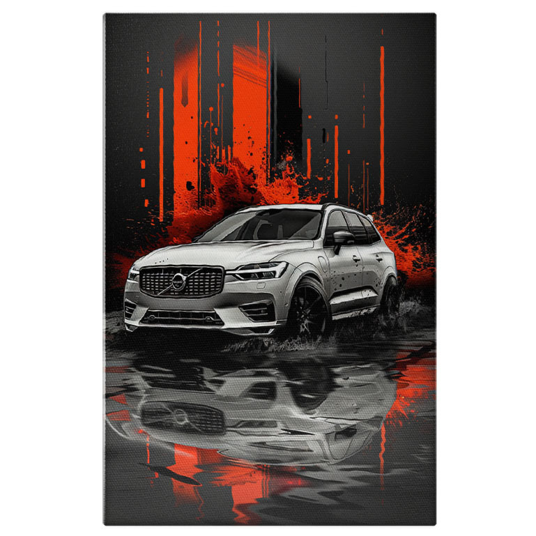 Vehicule - Tablou Canvas  White Car, Masina Volvo de Culoare Alba pe o Podea in care se Reflecta cu un Decor Rosu-Negru in Spate , Pictura Digitala 40x25CM