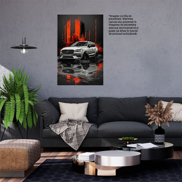 Tablou Canvas  White Car, Masina Volvo de Culoare Alba pe o Podea in care se Reflecta cu un Decor Rosu-Negru in Spate , Pictura Digitala 40x25CM [1]