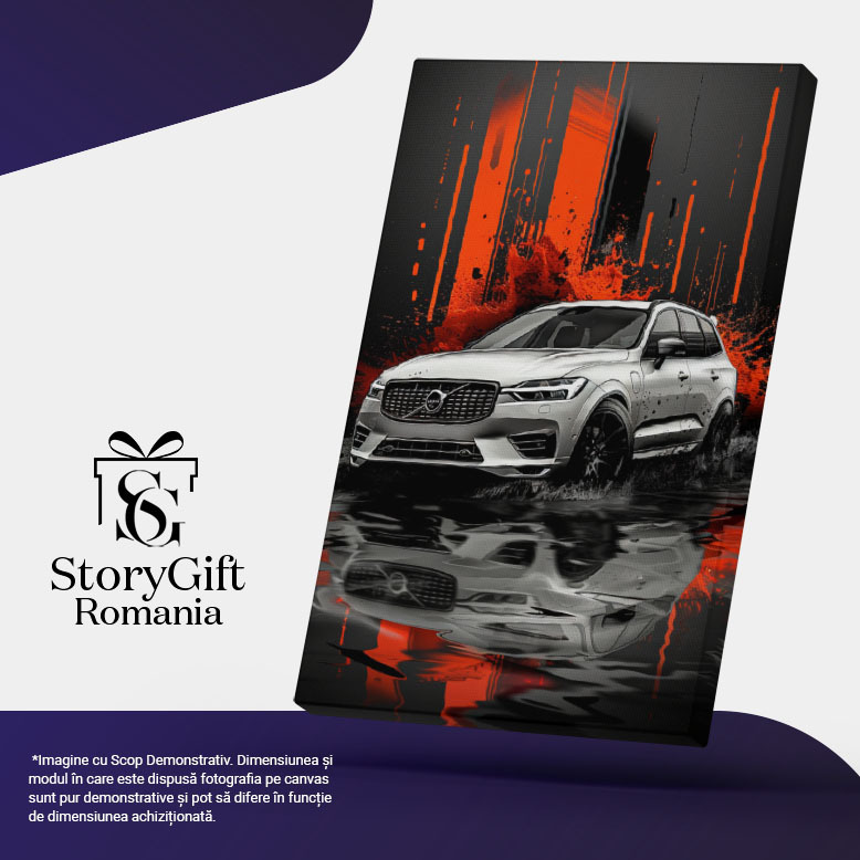 Tablou Canvas  White Car, Masina Volvo de Culoare Alba pe o Podea in care se Reflecta cu un Decor Rosu-Negru in Spate , Pictura Digitala 40x25CM [4]