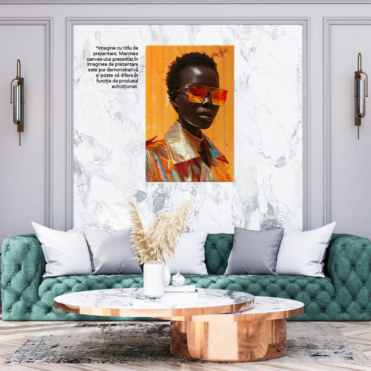 Tablou Canvas  Black Female cu Ochelari de Soare si Parul Scurt Brunet cu Buzele Mari in Jacheta Lucioasa  , Pictura Digitala 40x25CM [1]