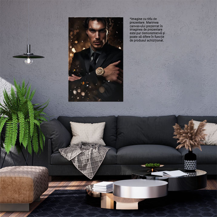 Tablou Canvas  Elegantul Barbat cu Privire Seducatoare si Ochi Stralucitori cu Camasa si Cravata si Ceas , Pictura Digitala 40x25CM [1]