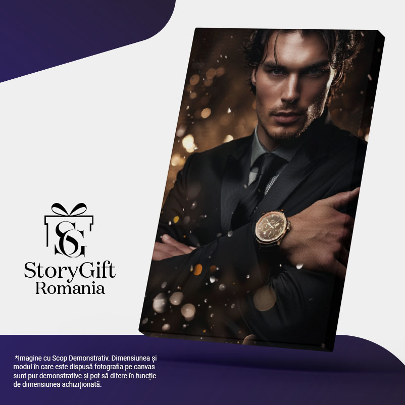 Tablou Canvas  Elegantul Barbat cu Privire Seducatoare si Ochi Stralucitori cu Camasa si Cravata si Ceas , Pictura Digitala 40x25CM [4]
