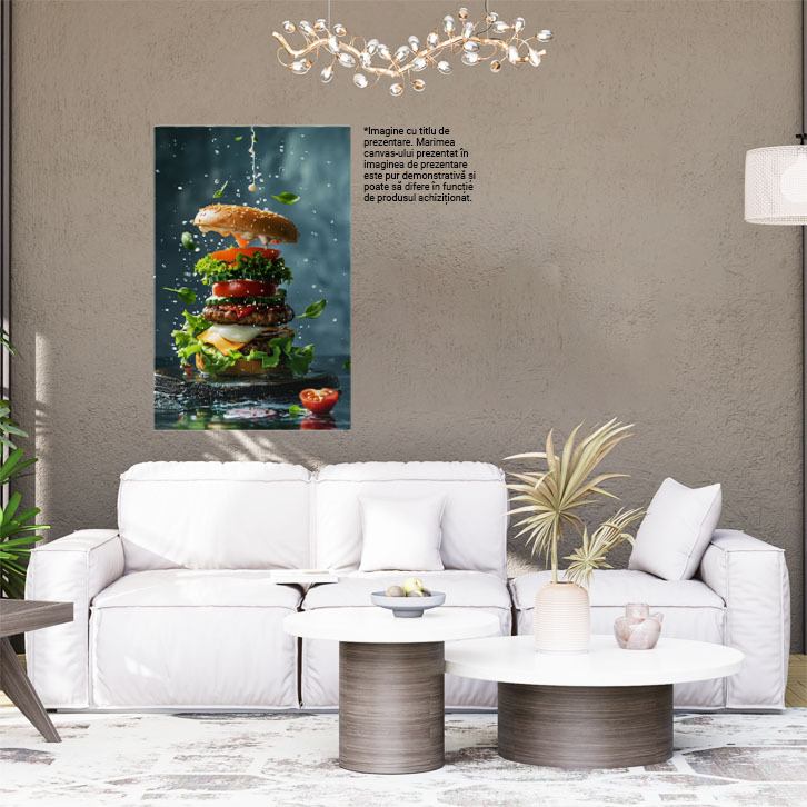 Tablou Canvas  Asamblarea unui Delicios Burger pe un Platou Rotund Negru cu Sos de Maioneza Deasupra , Pictura Digitala 40x25CM [1]