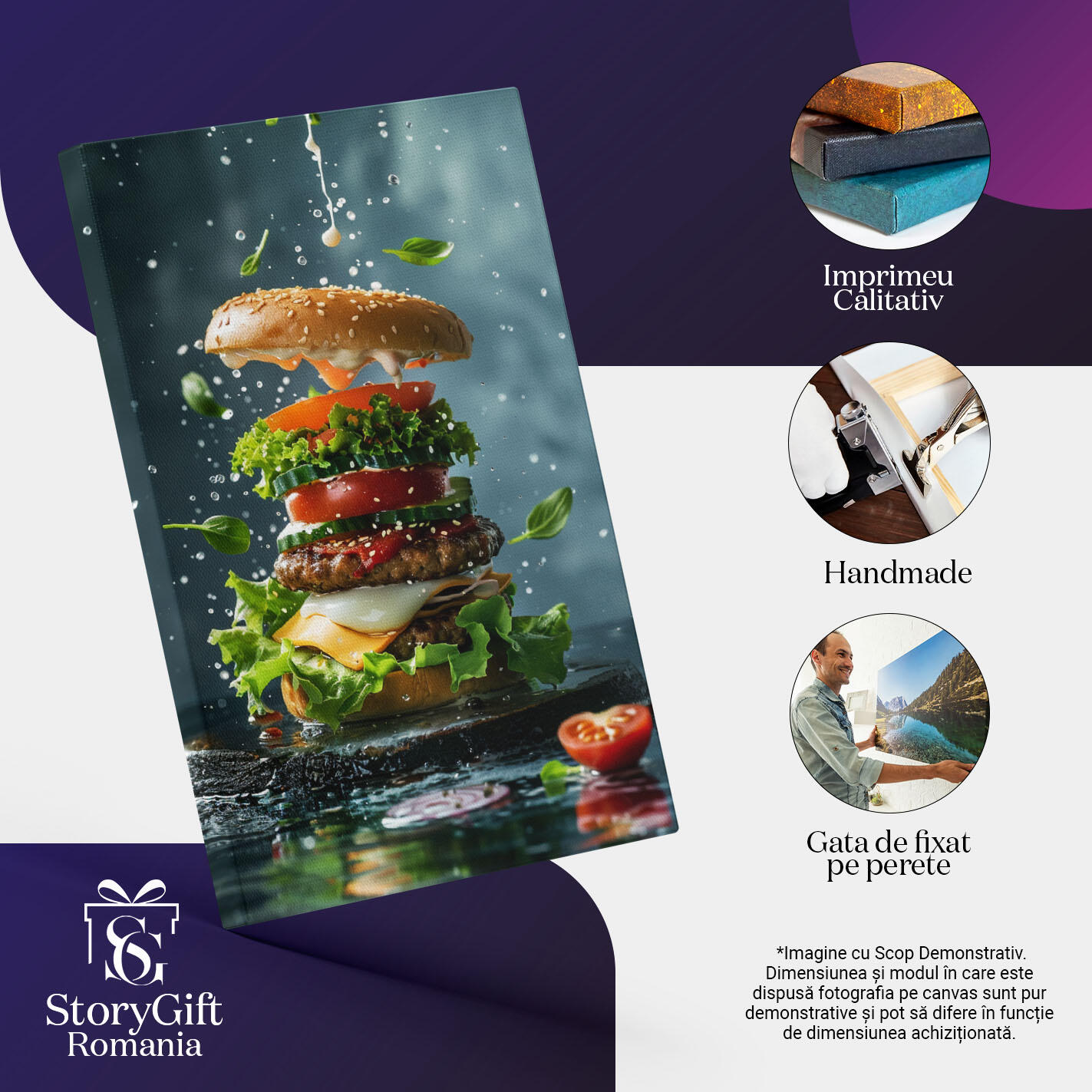 Tablou Canvas  Asamblarea unui Delicios Burger pe un Platou Rotund Negru cu Sos de Maioneza Deasupra , Pictura Digitala 40x25CM [2]